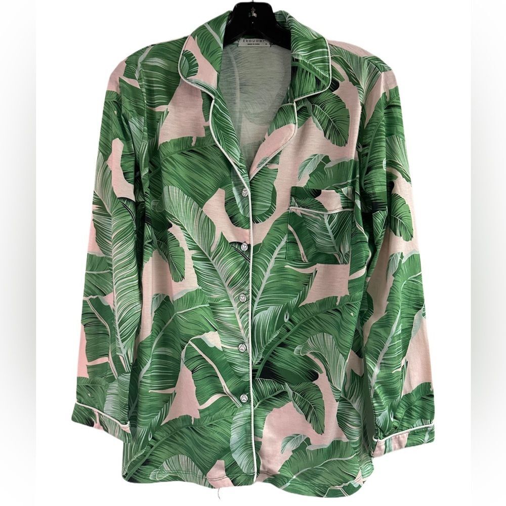 Ekouaer Green Pink Tropical Leaf Pajama Top Size S